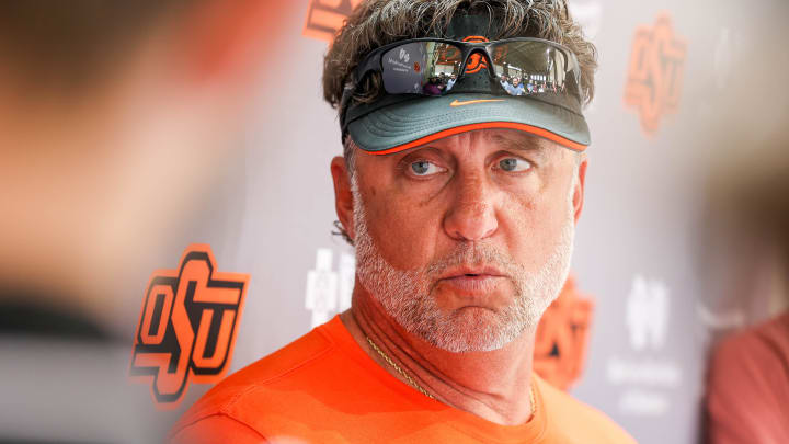 Head coach Mike Gundy speaks to the press during an Oklahoma State Spring football practice at Head coach Mike Gundy speaks to the press during an Oklahoma State Spring football practice at