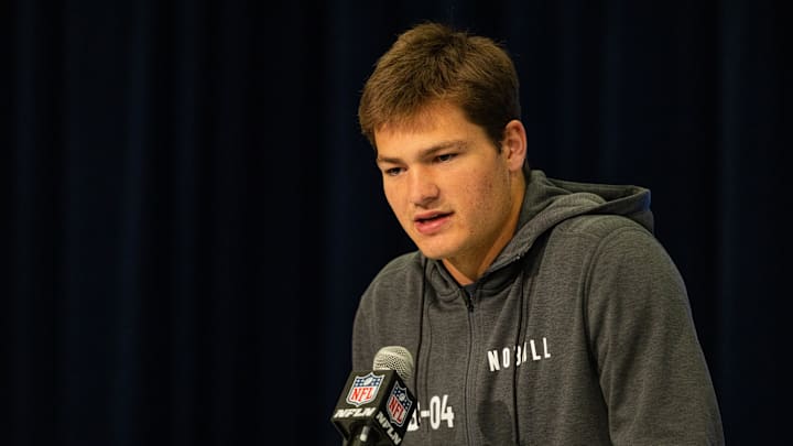 Mar 1, 2024; Indianapolis, IN, USA; North Carolina quarterback Drake Maye (QB04) talks to the media