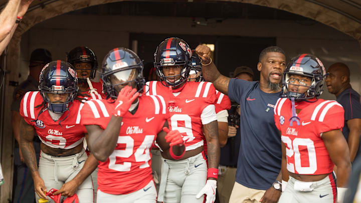 Oct 12, 2024; Baton Rouge, Louisiana, USA;  Mississippi Rebels running back Ulysses Bentley IV (24) and wide receiver Cayden Lee (19) in the tunnel before a game against the LSU Tigers at Tiger Stadium. Mandatory Credit: Stephen Lew-Imagn Images