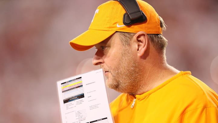 Oct 5, 2024; Fayetteville, Arkansas, USA; Tennessee Volunteers head coach Josh Heupel during the first half against the Arkansas Razorbacks at Donald W. Reynolds Razorback Stadium. Mandatory Credit: Nelson Chenault-Imagn Images