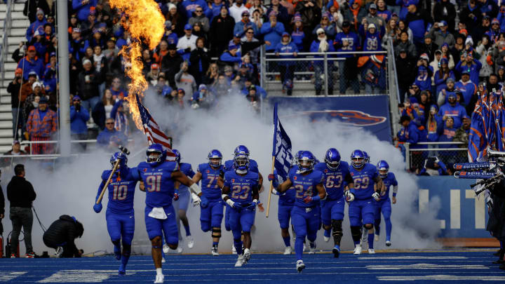 Nov 24, 2023; Boise, Idaho, USA;  Boise State Broncos take to the field prior to the first half against the Air Force Falcons at Albertsons Stadium. Mandatory Credit: Brian Losness-USA TODAY Sports