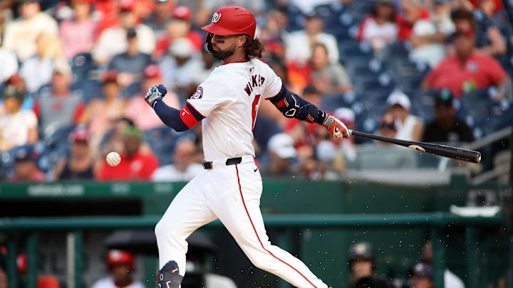 Jun 16, 2024; Washington, District of Columbia, USA; Washington Nationals outfielder Jesse Winker (6) grounds out during the seventh inning against the St. Louis Cardinals at Nationals Park. Jun 16, 2024; Washington, District of Columbia, USA; Washington Nationals outfielder Jesse Winker (6) grounds out during the seventh inning against the St. Louis Cardinals at Nationals Park.