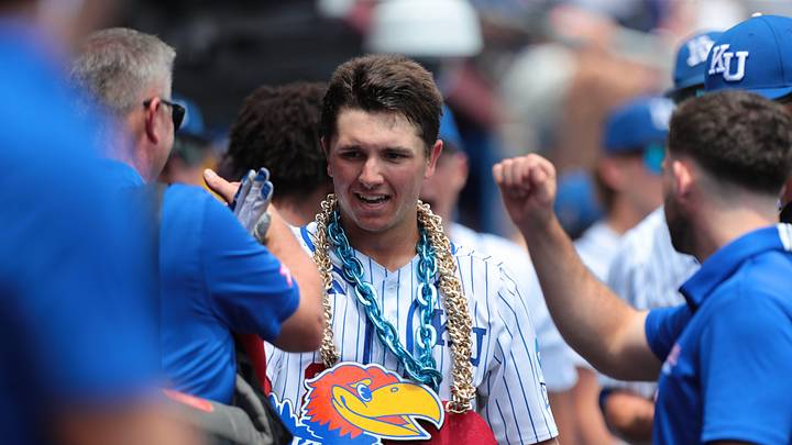 Kansas junior Tyson LeBlanc (2) is celebrated after scoring a home run against Northeastern during the NCAA First Round of the Lawrence Regional at Hoglund Ballpark on May 29, 2026. Kansas junior Tyson LeBlanc (2) is celebrated after scoring a home run against Northeastern during the NCAA First Round of the Lawrence Regional at Hoglund Ballpark on May 29, 2026.