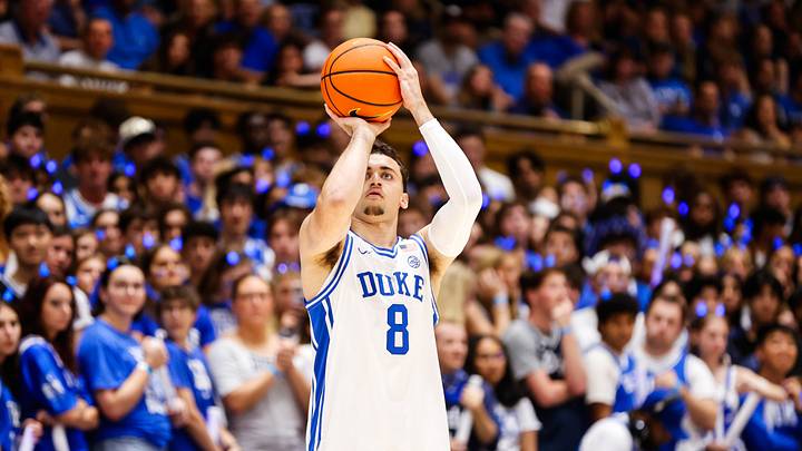 Oct 3, 2025; Durham, NC, USA; Duke Blue Devils guard Darren Harris (8) shoots the ball during the Countdown to Craziness at the Cameron Indoor Stadium. Mandatory Credit: Jaylynn Nash-Imagn Images