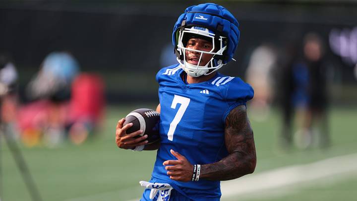 Kansas redshirt senior wide receiver Cam Pickett (7) runs a route during fall camp practice on Aug. 4, 2026. Kansas redshirt senior wide receiver Cam Pickett (7) runs a route during fall camp practice on Aug. 4, 2026.