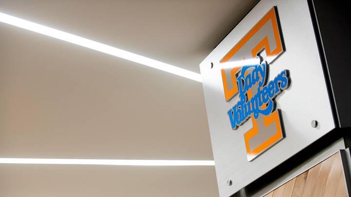 A Lady Vols logo hangs on the wall during a tour of the newly revamped Lady Vols locker room inside Thompson-Boling Arena in Knoxville, Tennessee on Thursday, December 20, 2018.

Kns Ladylocker 1228