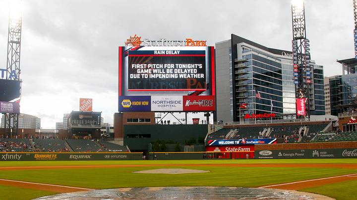 May 29, 2018; Atlanta, GA, USA; General view of SunTrust Park during a rain delay before a game between the Atlanta Braves and New York Mets. Mandatory Credit: Brett Davis-USA TODAY Sports May 29, 2018; Atlanta, GA, USA; General view of SunTrust Park during a rain delay before a game between the Atlanta Braves and New York Mets. Mandatory Credit: Brett Davis-USA TODAY Sports