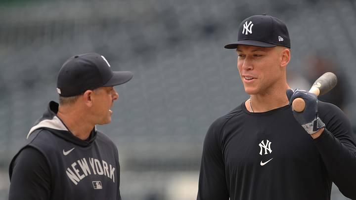 Apr 4, 2025; Pittsburgh, Pennsylvania, USA; New York Yankees manager Aaron Boone (left) talks with right fielder Aaron Judge (right) before the game against the Pittsburgh Pirates at PNC Park. Mandatory Credit: Charles LeClaire-Imagn Images Apr 4, 2025; Pittsburgh, Pennsylvania, USA; New York Yankees manager Aaron Boone (left) talks with right fielder Aaron Judge (right) before the game against the Pittsburgh Pirates at PNC Park. Mandatory Credit: Charles LeClaire-Imagn Images