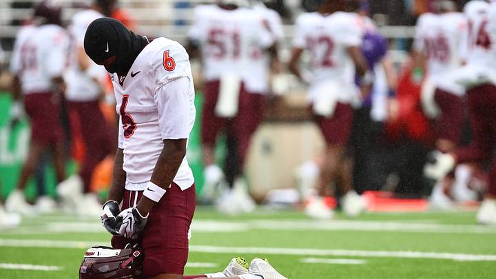Sep 26, 2026; Chestnut Hill, Mass.; Virginia Tech wide receiver Keylen Adams (6) prays before a game against Boston College. Sep 26, 2026; Chestnut Hill, Mass.; Virginia Tech wide receiver Keylen Adams (6) prays before a game against Boston College.