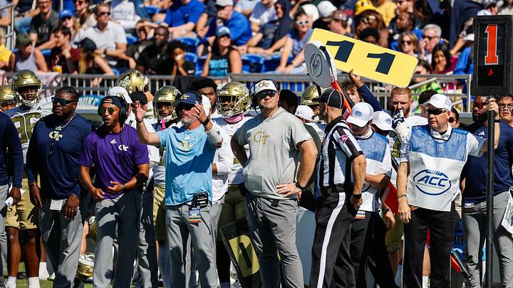 Oct 18, 2025; Durham, North Carolina, USA; Georgia Tech Yellow Jackets head coach Brent Key looks on during the first half of the game against Duke Blue Devils at Wallace Wade Stadium. Mandatory Credit: Jaylynn Nash-Imagn Images Oct 18, 2025; Durham, North Carolina, USA; Georgia Tech Yellow Jackets head coach Brent Key looks on during the first half of the game against Duke Blue Devils at Wallace Wade Stadium. Mandatory Credit: Jaylynn Nash-Imagn Images