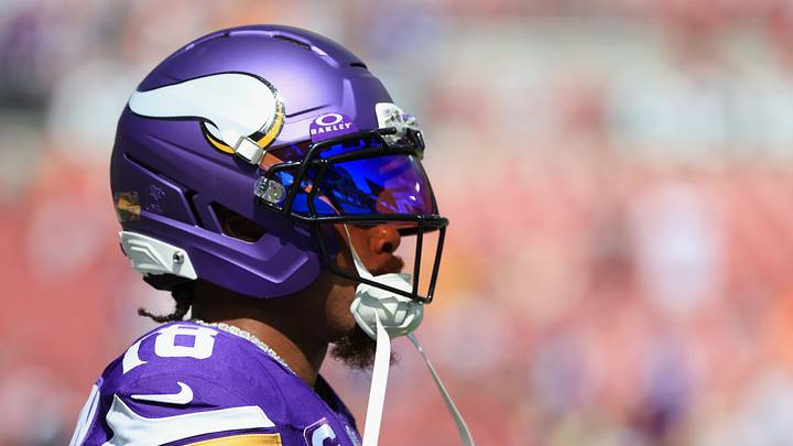 Minnesota Vikings wide receiver Justin Jefferson (18) looks on during warmups prior to the game against the Tampa Bay Buccaneers at Raymond James Stadium. Minnesota Vikings wide receiver Justin Jefferson (18) looks on during warmups prior to the game against the Tampa Bay Buccaneers at Raymond James Stadium.