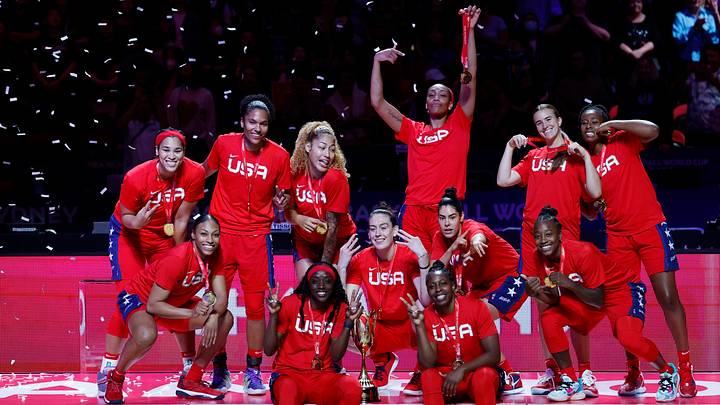 Oct 1, 2022; Sydney, AUS; Team USA cerebrates winning the gold medal after defeating China in the 2022 FIBA women's basketball World Cup final at Sydney SuperDome. Mandatory Credit: Yukihito Taguchi-USA TODAY Sports