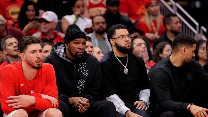 May 1, 2026; Houston, Texas, USA; Houston Rockets forward Kevin Durant (7) and Houston Rockets guard Fred VanVleet (5) sit on the bench against the Los Angeles Lakers during the third quarter of game six of the first round of the 2026 NBA Playoffs at Toyota Center. Mandatory Credit: Erik Williams-Imagn Images May 1, 2026; Houston, Texas, USA; Houston Rockets forward Kevin Durant (7) and Houston Rockets guard Fred VanVleet (5) sit on the bench against the Los Angeles Lakers during the third quarter of game six of the first round of the 2026 NBA Playoffs at Toyota Center. Mandatory Credit: Erik Williams-Imagn Images