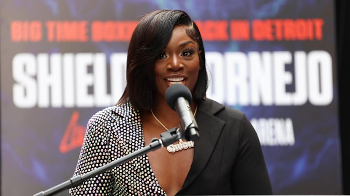 Claressa Shields speaks to media during the final press conference on May 31, 2023. Claressa Shields speaks to media during the final press conference on May 31, 2023.