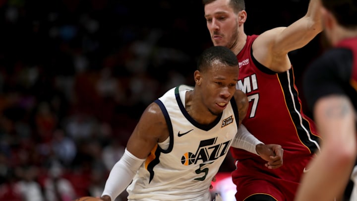 January 7, 2018 - Miami, Florida, USA - Utah Jazz forward Rodney Hood tries to muscle his way past Miami Heat guard Goran Dragic. Miami Heat vs. Utah 