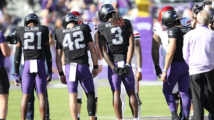 TCU captains against Arizona (left to right, Bud Clark, Brent Matiscik, Savion Williams, Josh Hoover)