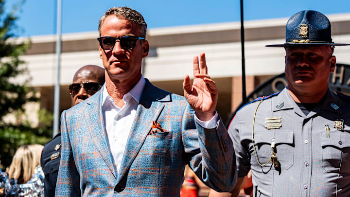 Ole Miss head coach Lane Kiffin participates in the Walk of Champions before a college football game between Ole Miss and LSU at Vaught-Hemingway Stadium in Oxford, Miss., on Saturday, Sept. 27, 2025.