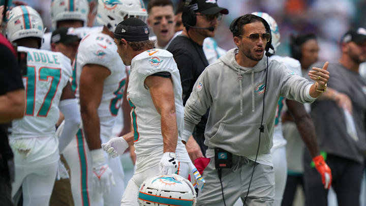 Miami Dolphins head coach Mike McDaniel directs his team during the first half of an NFL game at