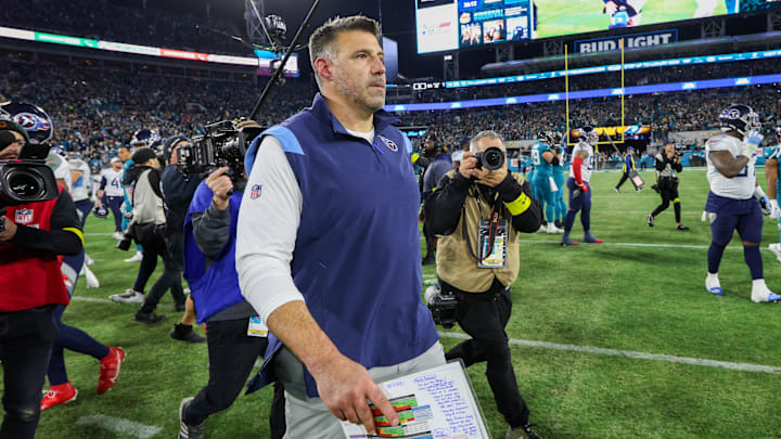Jan 7, 2023; Jacksonville, Florida, USA;  Tennessee Titans head coach Mike Vrabel leaves the field after losing to the Jacksonville Jaguars at TIAA Bank Field. Mandatory Credit: Nathan Ray Seebeck-Imagn Images