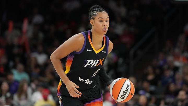 Aug 15, 2025; Phoenix, Arizona, USA; Phoenix Mercury forward Satou Sabally (0) brings the ball up against the Las Vegas Aces in the second half at Footprint Center. Mandatory Credit: Rick Scuteri-Imagn Images