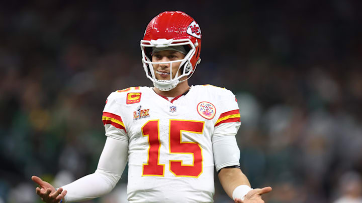 Feb 9, 2025; New Orleans, LA, USA;  Kansas City Chiefs quarterback Patrick Mahomes (15) reacts in the fourth quarter against the Philadelphia Eagles in Super Bowl LIX at Ceasars Superdome. Mandatory Credit: Mark J. Rebilas-Imagn Images