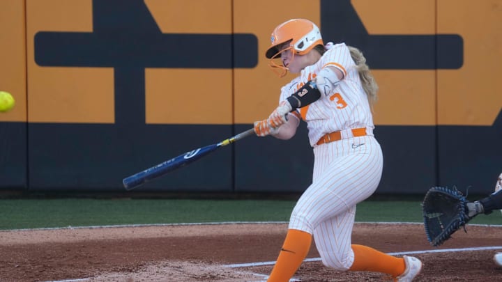 Tennessee outfielder Taylor Pannell (3) hits a home run during an NCAA softball game between Tennessee and Duke at Sherri Parker Lee Stadium in Knoxville, Tenn., on Tuesday, March 11, 2025. Tennessee outfielder Taylor Pannell (3) hits a home run during an NCAA softball game between Tennessee and Duke at Sherri Parker Lee Stadium in Knoxville, Tenn., on Tuesday, March 11, 2025.
