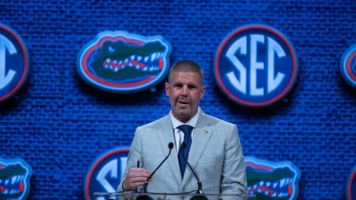 Florida Head Coach Billy Napier speaks at the 2023 SEC Football Kickoff Media Days at the Nashville Grand Hyatt on Broadway, Wednesday, July 19, 2023.