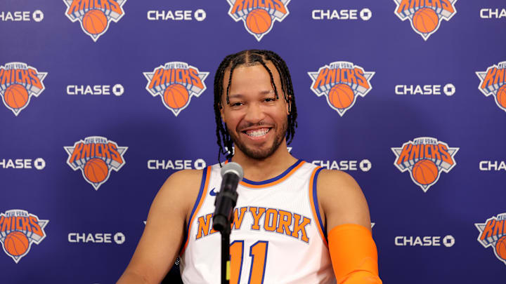 Sep 30, 2024; New York, NY, USA; New York Knicks guard Jalen Brunson speaks during a media day press conference at the MSG training facility in Tarrytown, NY. Mandatory Credit: Brad Penner-Imagn Images
