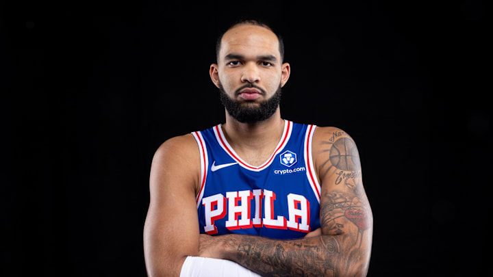 Sep 26, 2025; Camden, NJ, USA; Philadelphia 76ers Johni Broome poses for a photo during media day. Mandatory Credit: Bill Streicher-Imagn Images