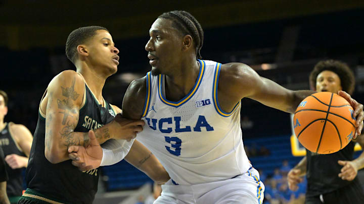 Nov 18, 2025; Los Angeles, California, USA;  Sacramento State Hornets forward Shaqir O'Neal (8) defends UCLA Bruins forward Eric Dailey Jr. (3) during the second half at Pauley Pavilion presented by Wescom Financial. Mandatory Credit: Jayne Kamin-Oncea-Imagn Images