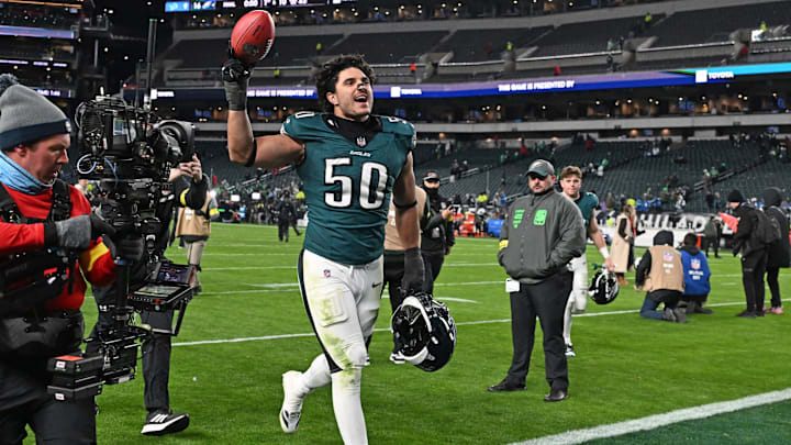 Philadelphia Eagles linebacker Jaelan Phillips (50) runs off the field after win against the Detroit Lions at Lincoln Financial Field. 