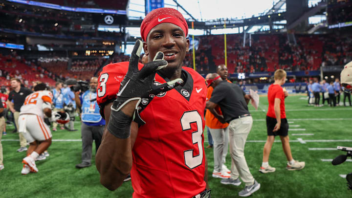 Aug 31, 2024; Atlanta, Georgia, USA; Georgia Bulldogs running back Nate Frazier (3) celebrates after a victory over the Clemson Tigers at Mercedes-Benz Stadium. Mandatory Credit: Brett Davis-Imagn Images

