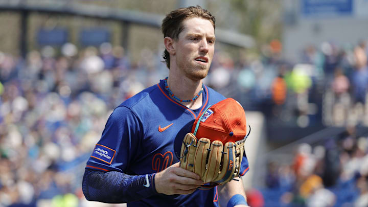 Mar 13, 2025; Port St. Lucie, Florida, USA; New York Mets second baseman Brett Baty (7) comes into the bench during the middle of the fifth inning against the Boston Red Sox at Clover Park. Mandatory Credit: Reinhold Matay-Imagn Images