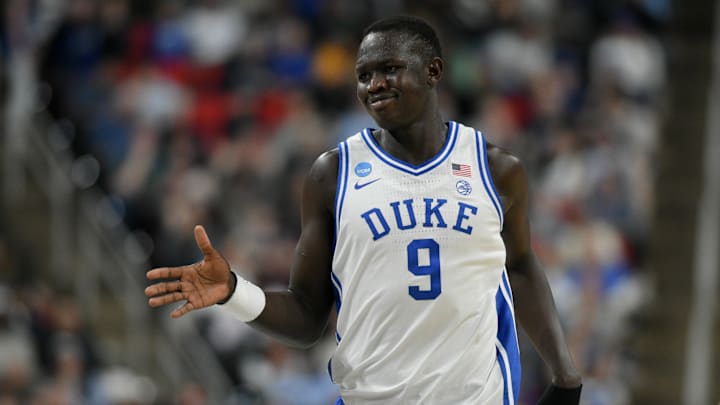 Mar 21, 2025; Raleigh, NC, USA; Duke Blue Devils center Khaman Maluach (9) celebrates during the first half against the Mount St. Mary's Mountaineers in the first round of the NCAA Tournament at Lenovo Center. Mandatory Credit: Zachary Taft-Imagn Images