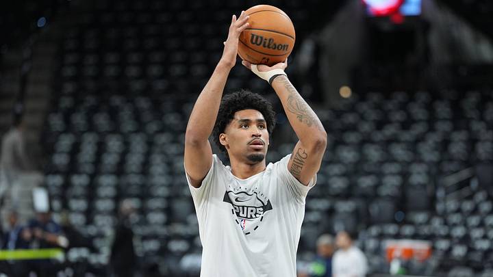 May 6, 2026; San Antonio, Texas, USA; San Antonio Spurs guard Dylan Harper (2) warms up before game two of the second round of the 2026 NBA Playoffs against the Minnesota Timberwolves at Frost Bank Center.
