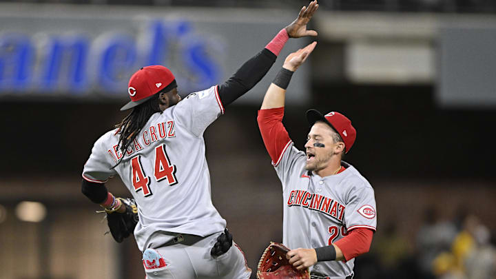 Sep 9, 2025; San Diego, California, USA; Cincinnati Reds shortstop Elly De La Cruz (44) and TJ Friedl (29) celebrate after the Reds beat the San Diego Padres at Petco Park. Mandatory Credit: Denis Poroy-Imagn Images Sep 9, 2025; San Diego, California, USA; Cincinnati Reds shortstop Elly De La Cruz (44) and TJ Friedl (29) celebrate after the Reds beat the San Diego Padres at Petco Park. Mandatory Credit: Denis Poroy-Imagn Images