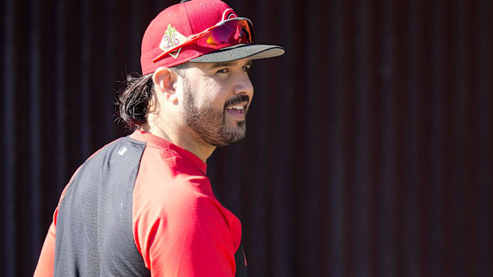 Cincinnati Reds infielder Eugenio Suarez (28) prepares for live batting practice at the Cincinnati Reds player development complex in Goodyear, Ariz., on Saturday, Feb. 14, 2026. Cincinnati Reds infielder Eugenio Suarez (28) prepares for live batting practice at the Cincinnati Reds player development complex in Goodyear, Ariz., on Saturday, Feb. 14, 2026.