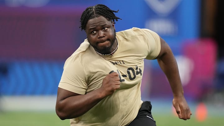 Mar 3, 2024; Indianapolis, IN, USA; Maryland offensive lineman Gottlieb Ayedze (OL04) during the 2024 NFL Combine at Lucas Oil Stadium. Mandatory Credit: Kirby Lee-Imagn Images