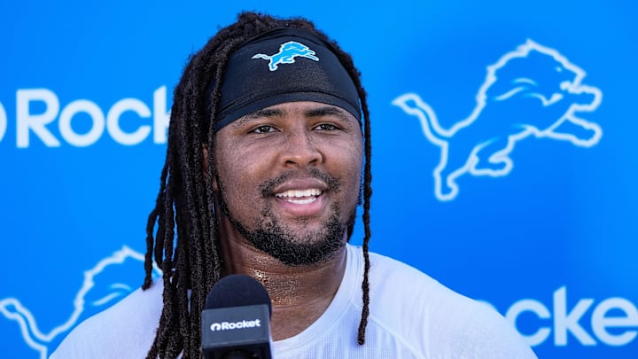 Detroit Lions defensive tackle Tyleik Williams (91) speaks to media members after practice during training camp at Meijer Performance Center in Allen Park on Thursday, July 24, 2025.