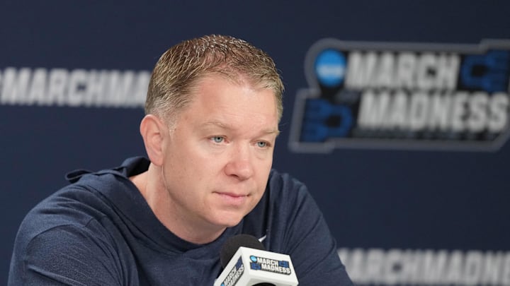 Mar 19, 2026; San Diego, CA, USA; Utah State Aggies head coach Jerrod Calhoun at press conference ahead of the first round of the men's 2026 NCAA Tournament at Viejas Arena. Mandatory Credit: Kirby Lee-Imagn Images