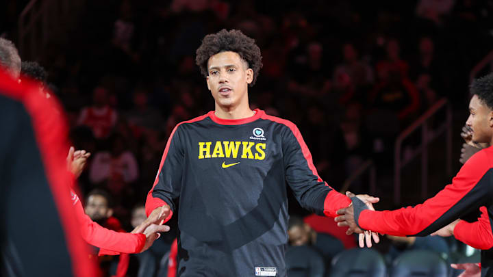 Oct 14, 2024; Atlanta, Georgia, USA; Atlanta Hawks forward Jalen Johnson (1) is introduced before a game against the Philadelphia 76ers at State Farm Arena. Mandatory Credit: Brett Davis-Imagn Images