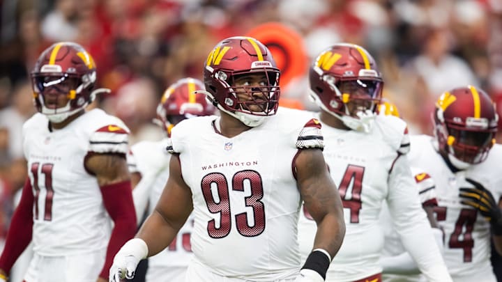Sep 29, 2024; Glendale, Arizona, USA; Washington Commanders defensive tackle Jonathan Allen (93) against the Arizona Cardinals at State Farm Stadium. Mandatory Credit: Mark J. Rebilas-Imagn Images