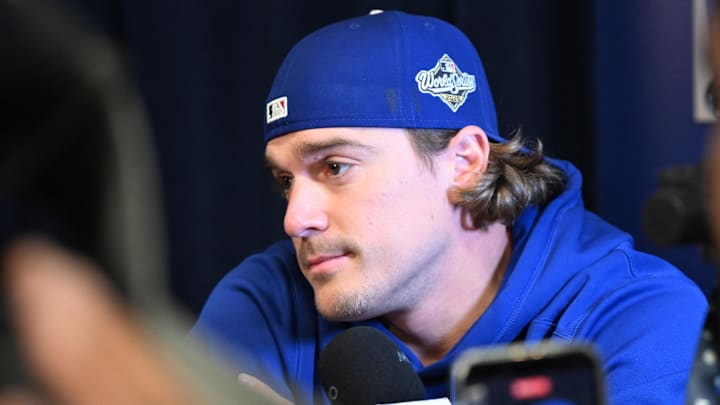 Oct 23, 2025; Toronto, ON, Canada;  Los Angeles Dodgers first baseman Kike Hernandez (8) speaks to the media during media day and team workouts at Rogers Centre. Mandatory Credit: Dan Hamilton-Imagn Images