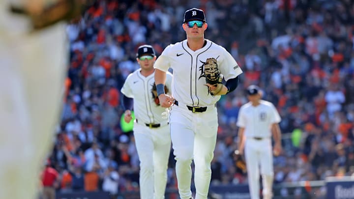 Oct 9, 2024; Detroit, Michigan, USA; Detroit Tigers first baseman Spencer Torkelson (20) heads to the dugout after the third inning during game three of the ALDS for the 2024 MLB Playoffs at Comerica Park. Mandatory Credit: David Reginek-Imagn Images