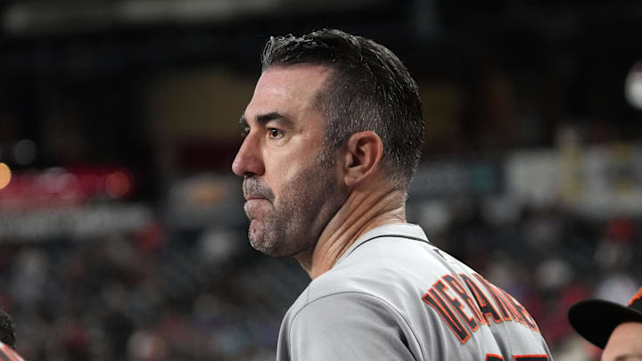 Sep 17, 2025; Phoenix, Arizona, USA; San Francisco Giants pitcher Justin Verlander (35) watches from the dugout after pitching 7 innings against the Arizona Diamondbacks at Chase Field. Mandatory Credit: Rick Scuteri-Imagn Images