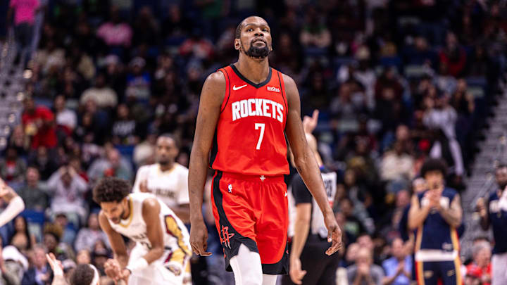Dec 18, 2025; New Orleans, Louisiana, USA;  Houston Rockets forward Kevin Durant (7) looks on against the New Orleans Pelicans during the second half at Smoothie King Center. Mandatory Credit: Stephen Lew-Imagn Images