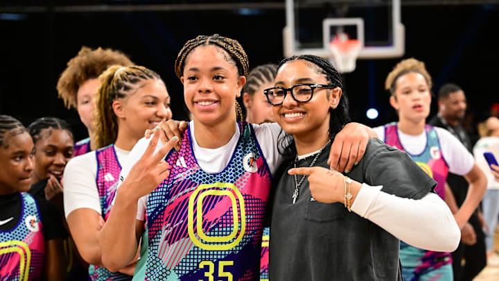 Trojans star JuJu Watkins (right) coached Saniyah Hall (left) during the Overtime Select Takeover weekend in June. Hall committed to USC a month later.
