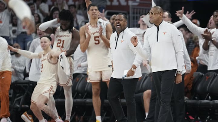 Feb 10, 2024; Austin, Texas, USA; Texas Longhorns head coach Rodney Terry along with coaches and
