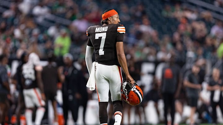 Aug 17, 2023; Philadelphia, Pennsylvania, USA; Cleveland Browns quarterback Kellen Mond (7) walks