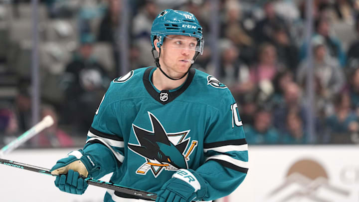 Jan 3, 2026; San Jose, California, USA; San Jose Sharks center Ty Dellandrea (10) during the first period against the Tampa Bay Lightning at SAP Center at San Jose. Mandatory Credit: Darren Yamashita-Imagn Images